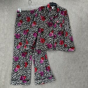 Sofia Intimates Womens MED Leopard Floral Velour Pajama Set Black Pink